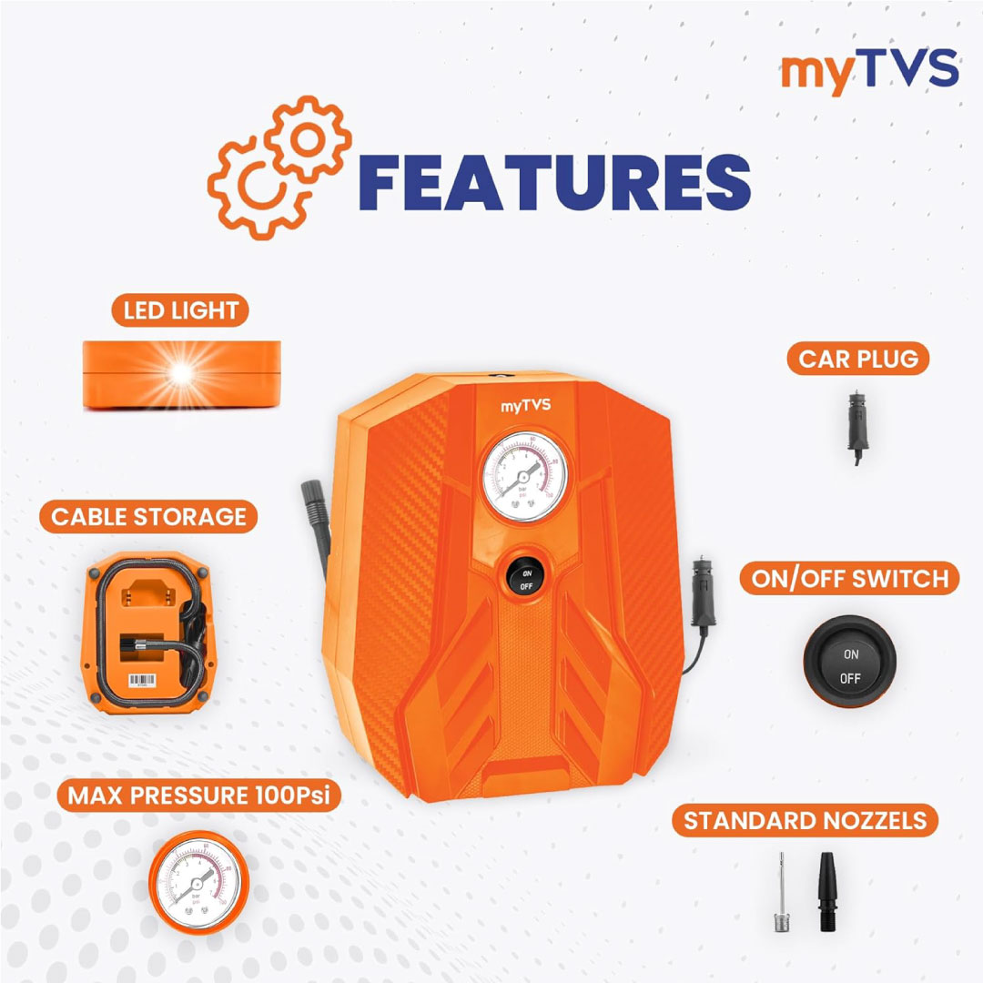 CRECKK MYTVS Car Tyre Inflator TI 15 100 Psi 12V DC Air Pump for Car tyre Portable Tyre Inflator for Car Bike Inflator with LED Torch Compatible with All car 1 1 Years Warranty